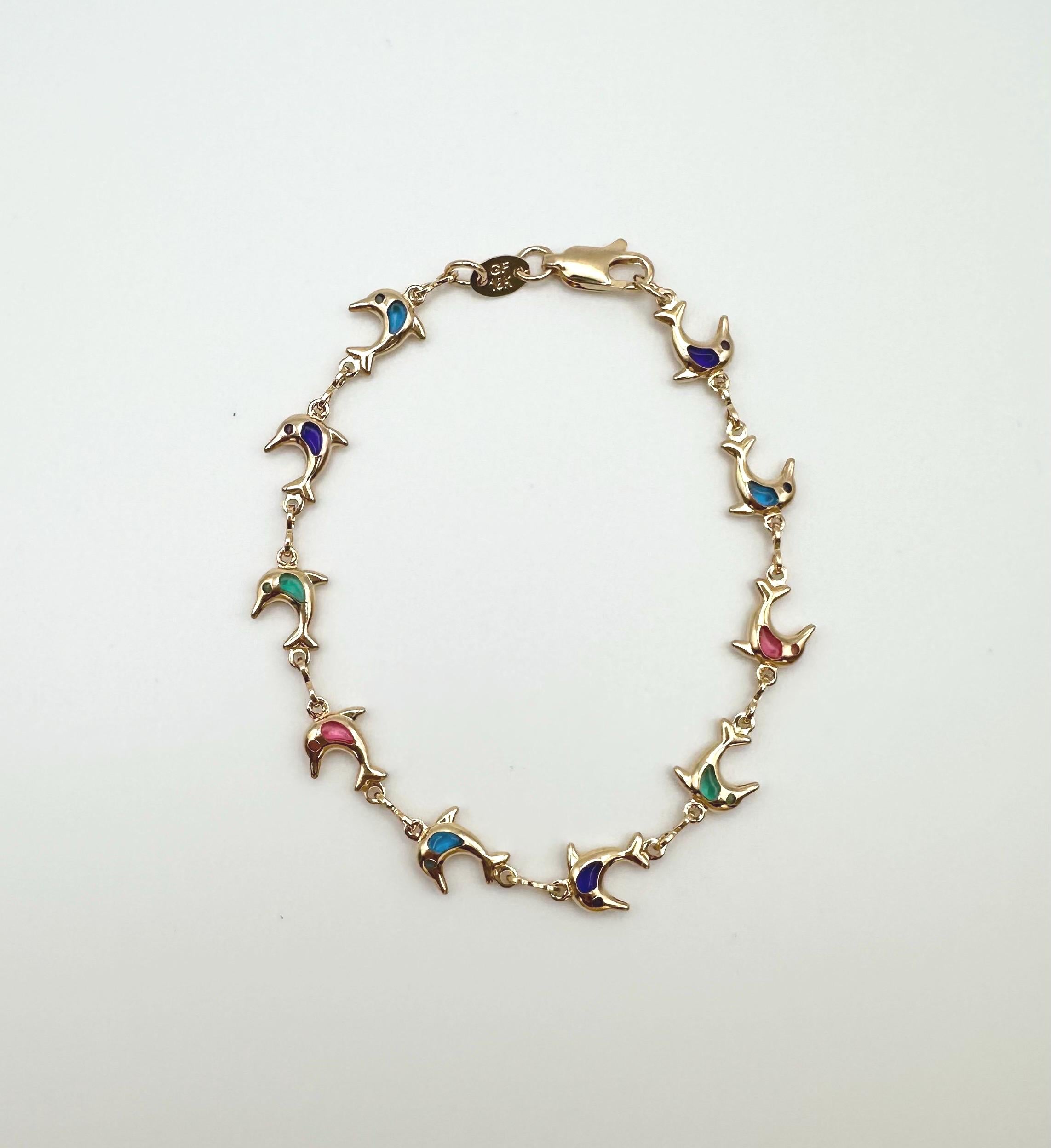 18k Gold Filled Dolphin Charm Bracelet: Multicolored Cubic Zirconia, Dainty Chain