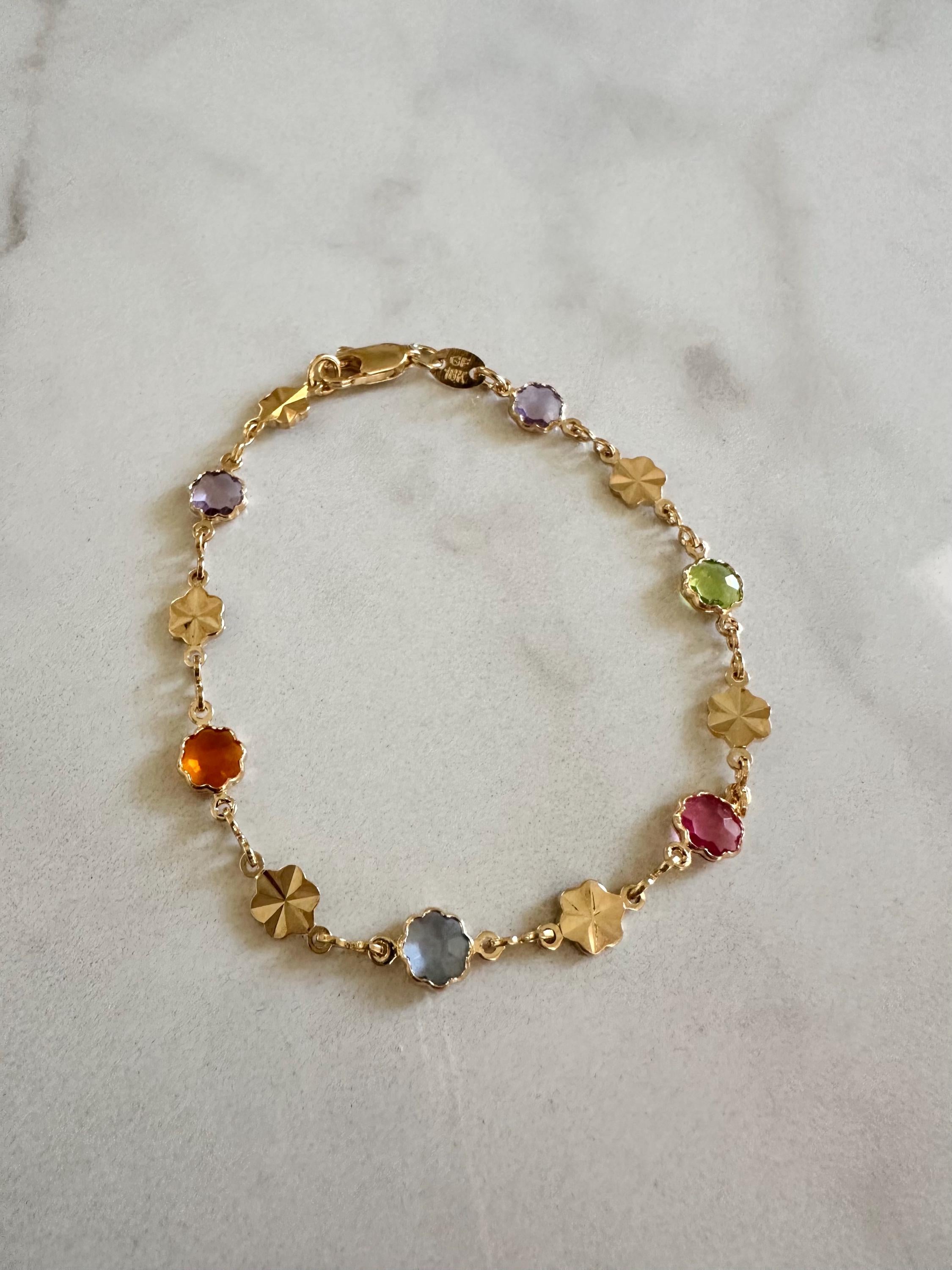 18k Gold Filled Flower Bracelet: Multicolored Cubic Zirconia, Dainty Chain