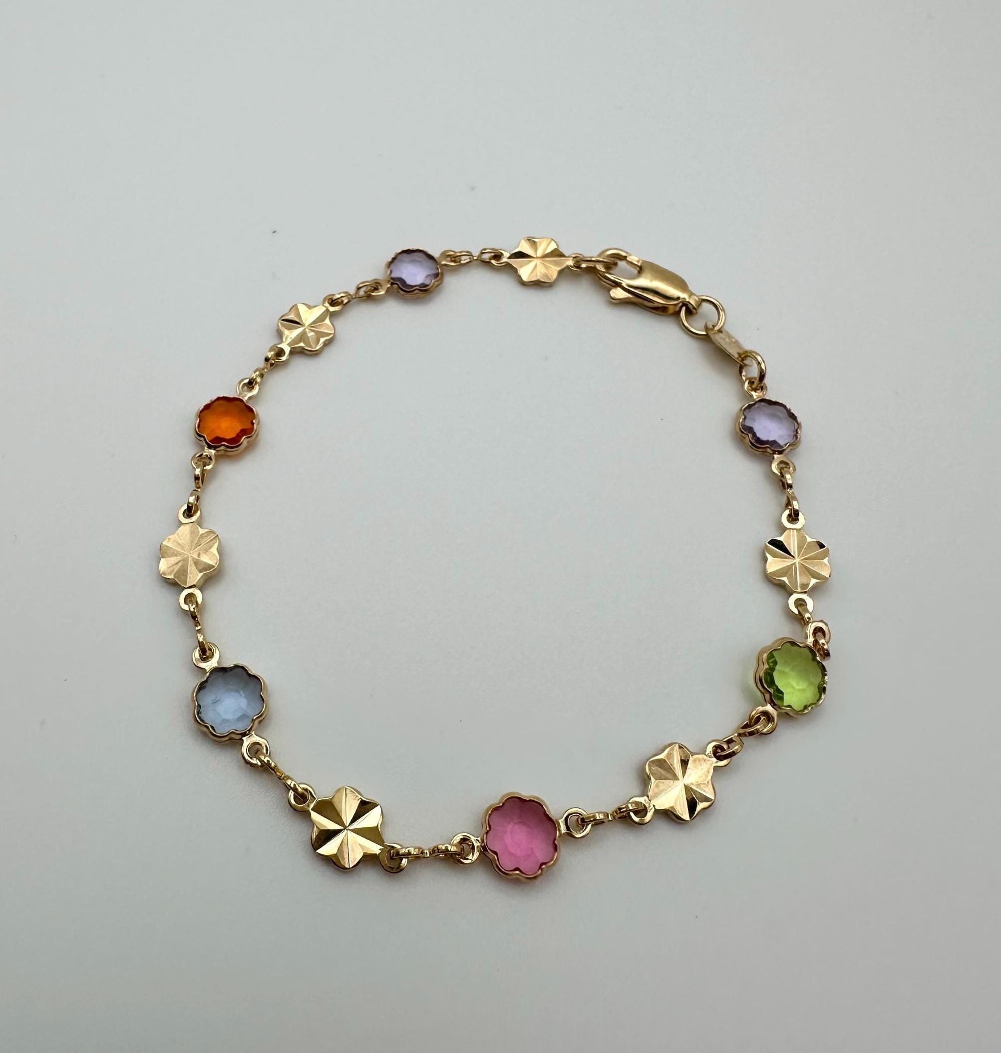 18k Gold Filled Flower Bracelet: Multicolored Cubic Zirconia, Dainty Chain