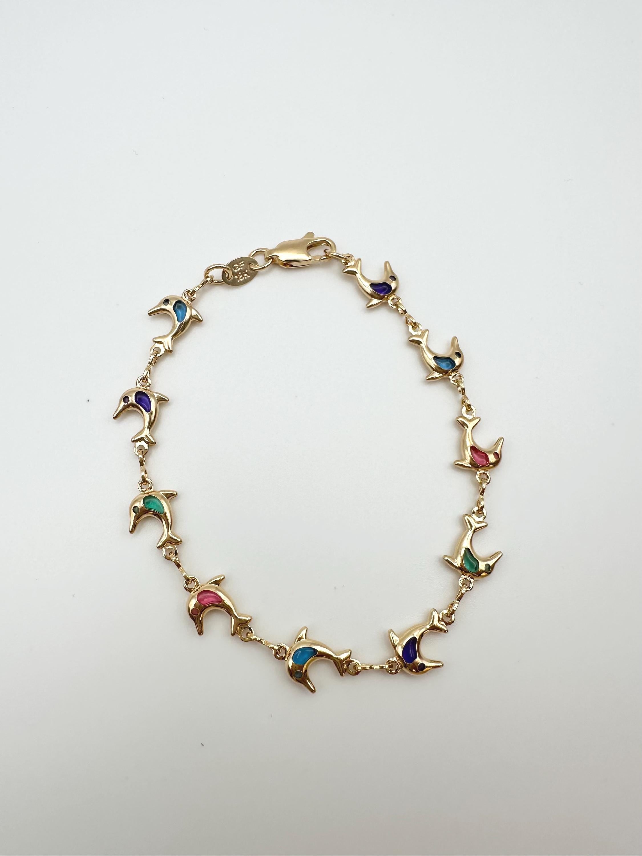 18k Gold Filled Dolphin Charm Bracelet: Multicolored Cubic Zirconia, Dainty Chain