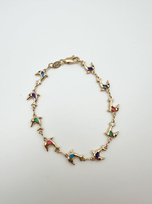 18k Gold Filled Dolphin Charm Bracelet: Multicolored Cubic Zirconia, Dainty Chain