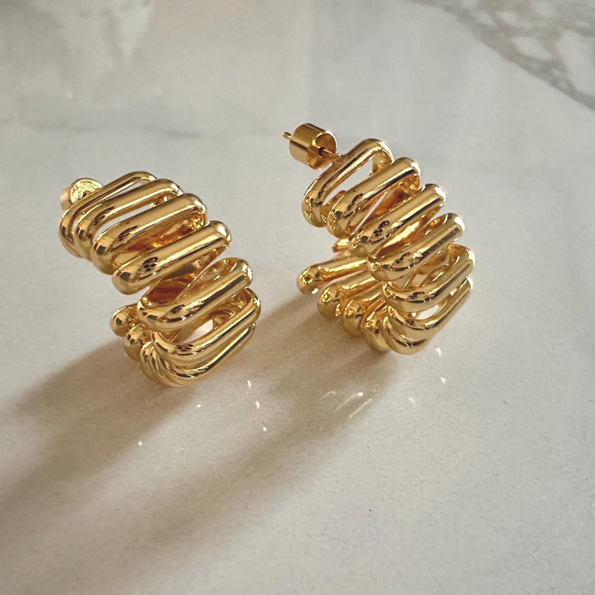 Chunky Gold Plated Ribbed Hoop Earrings, Statement Jewelry