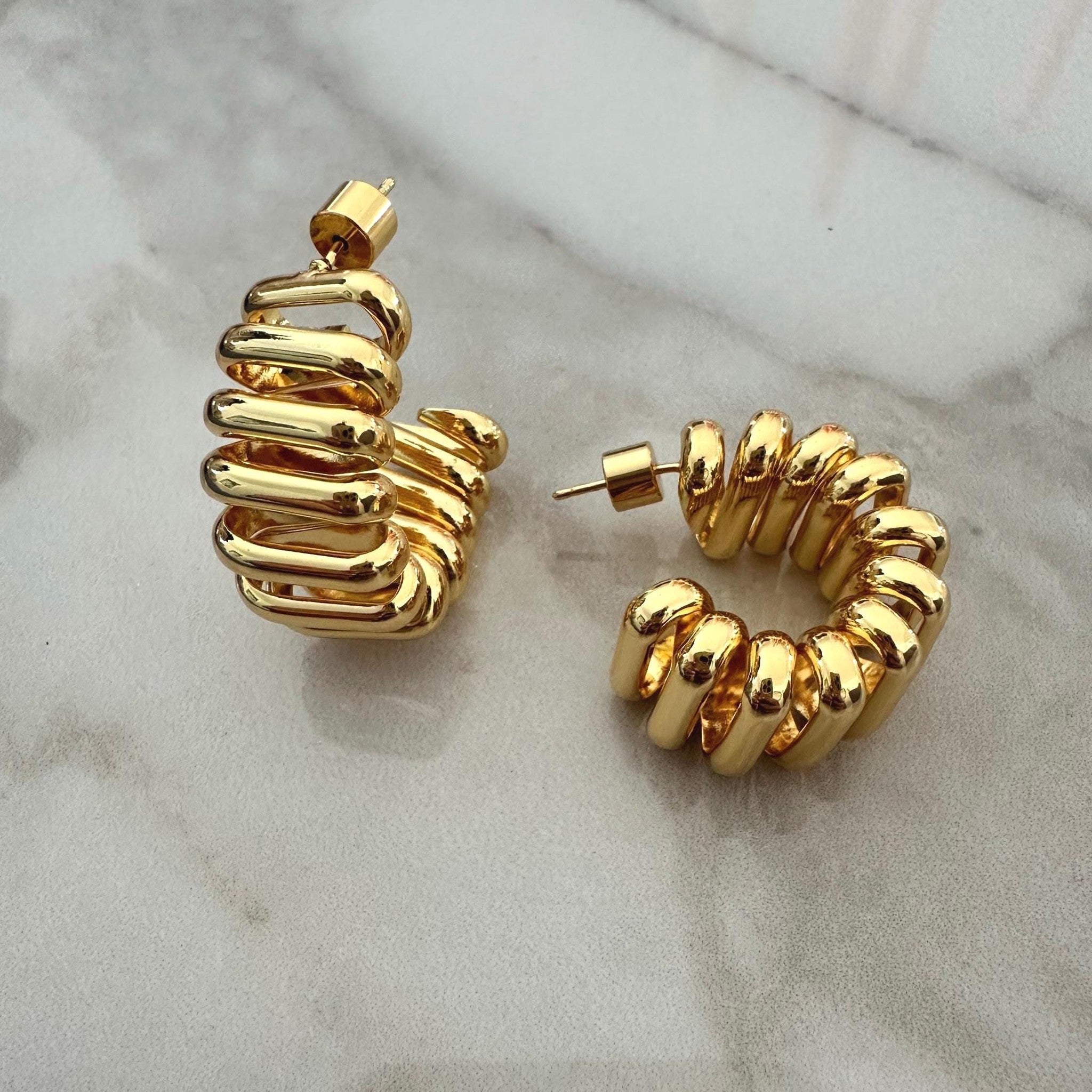 Chunky Gold Plated Ribbed Hoop Earrings, Statement Jewelry