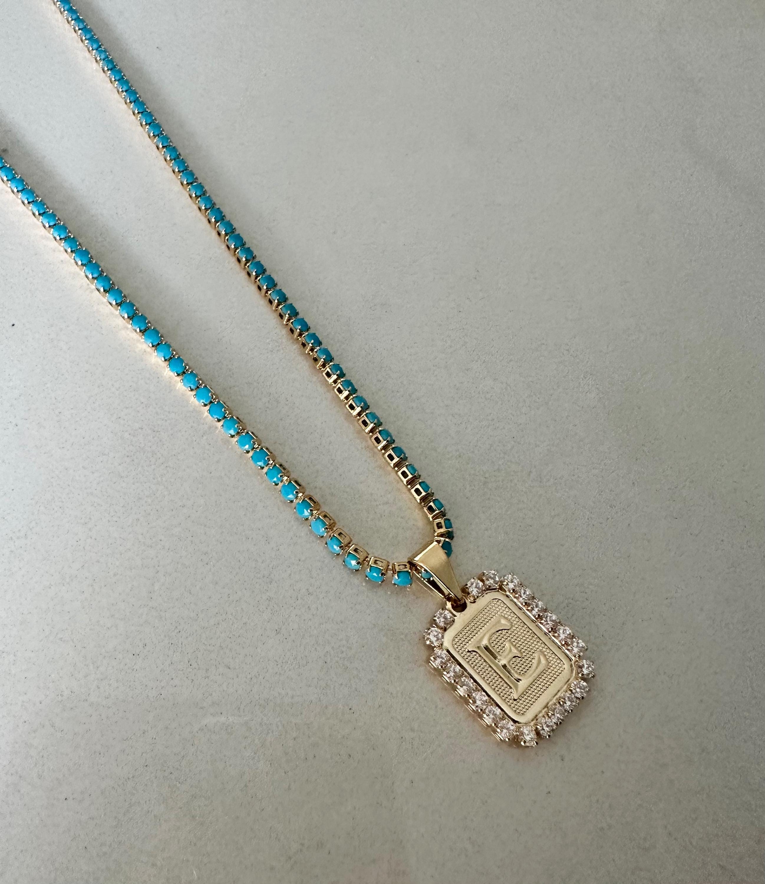 Turquoise Tennis Necklace with Initial CZ Charm, Initial Pendant, Personalized Jewelry