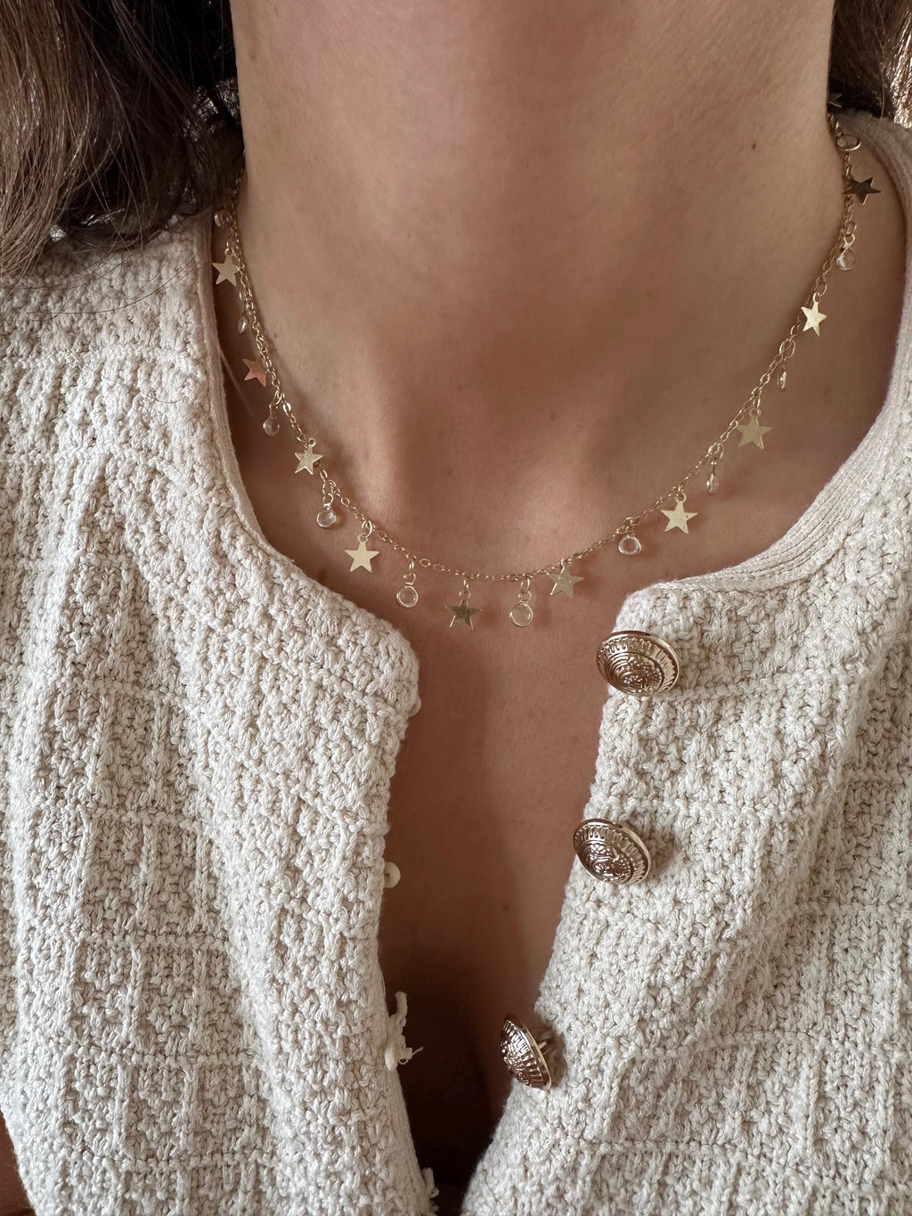 Gold Stars and CZ Charm Necklace-Star Necklace, Statement Jewelry, Gold charm Necklace